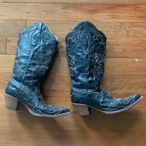 Corral 8M Cowboy Boots Black Leather Embroidered Snip Toe GUC A1094